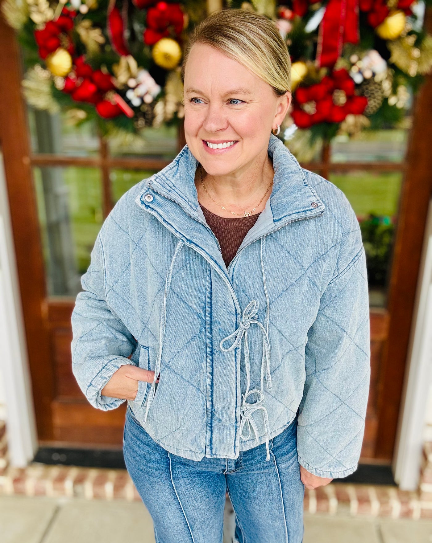 Quilted Denim Bow Tie Front Jacket