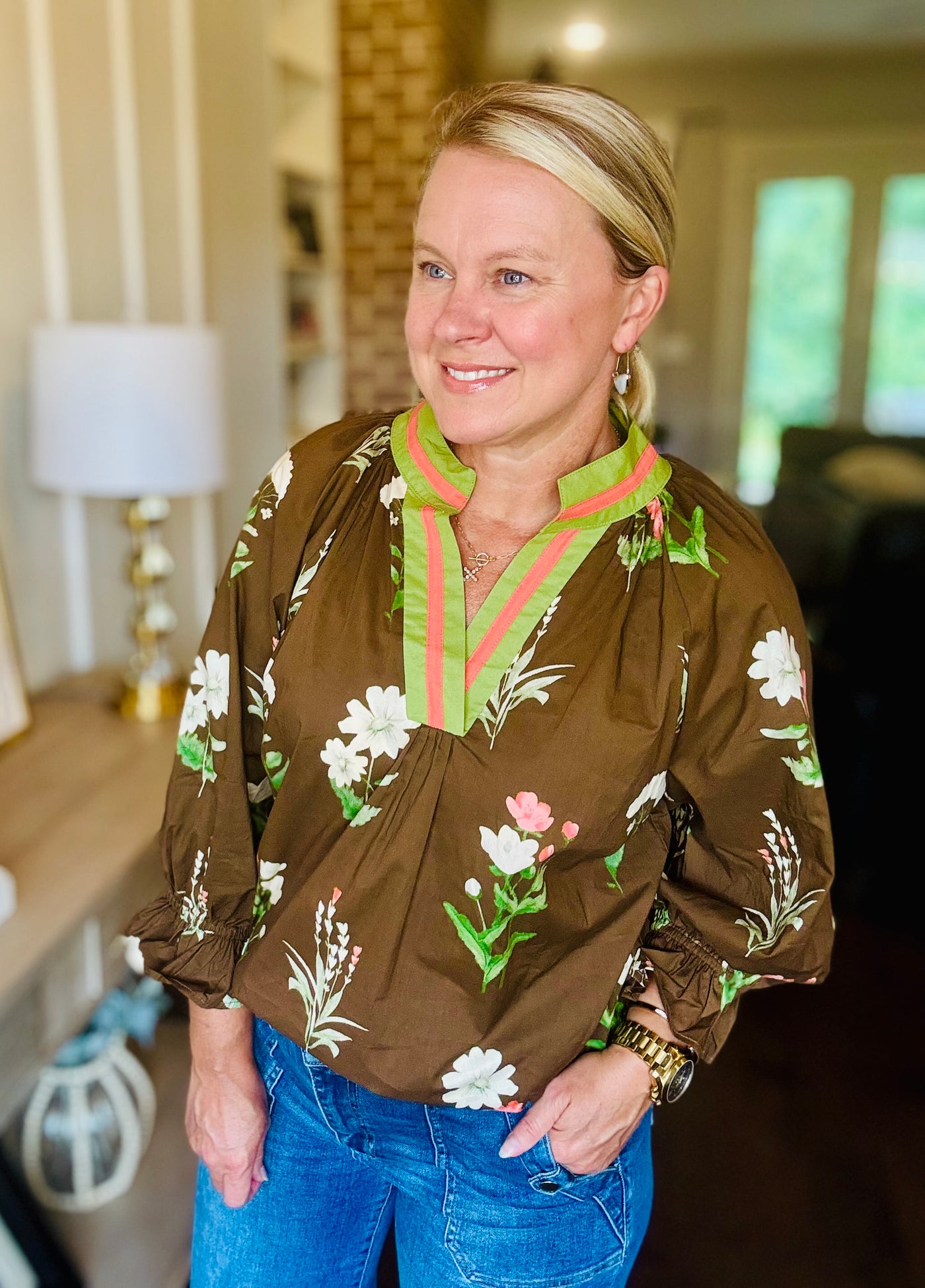 Floral Trim V-Neck Top - Brown