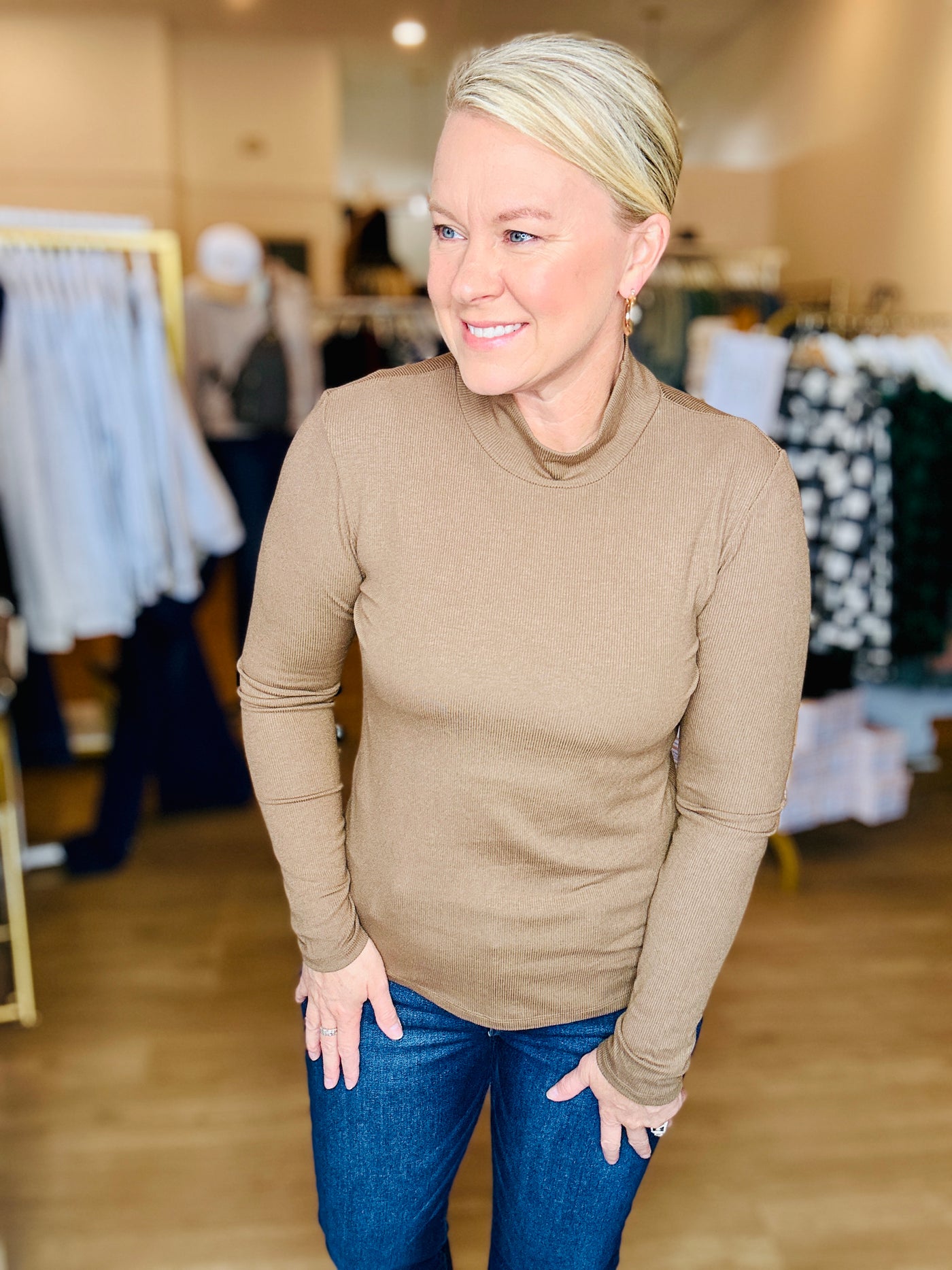 Ribbed Mock Neck Long Sleeve Top - Taupe