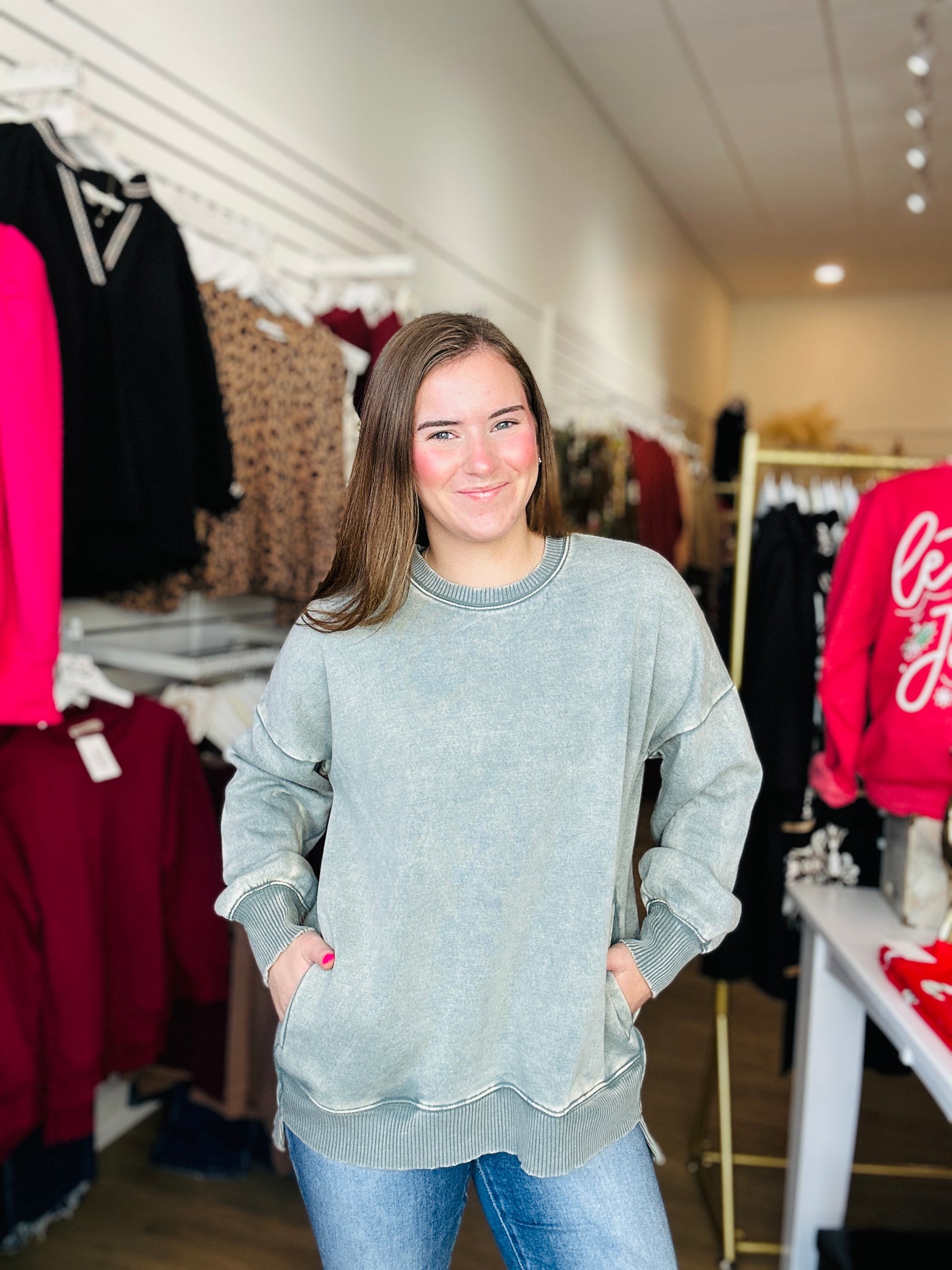 Acid Washed Pullover w-Pockets - Ash Jade