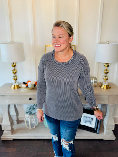 Ribbed Split Side Long Sleeve - Dark Grey