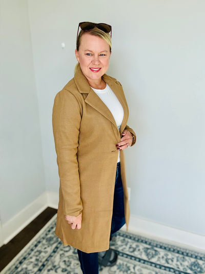 Faux Wool Single Breasted Long Coat - Camel
