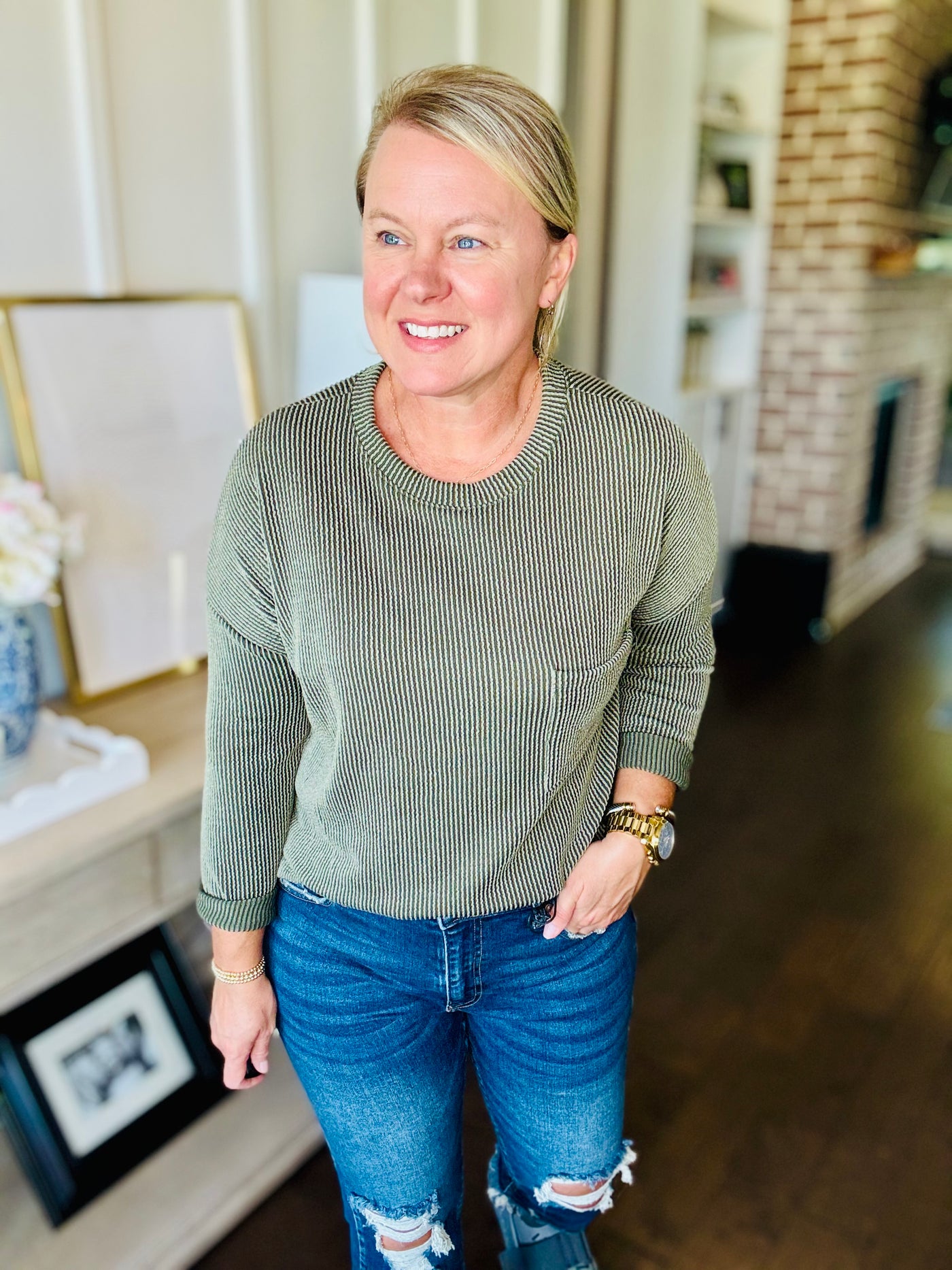 Ribbed Long Sleeve Pocket Top - Olive