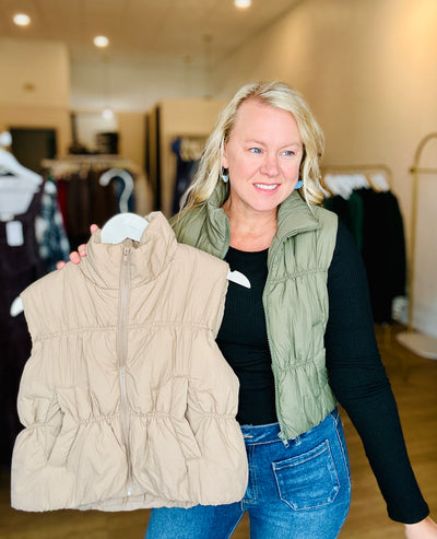 Zip Up Cropped Puffer Vest - Olive