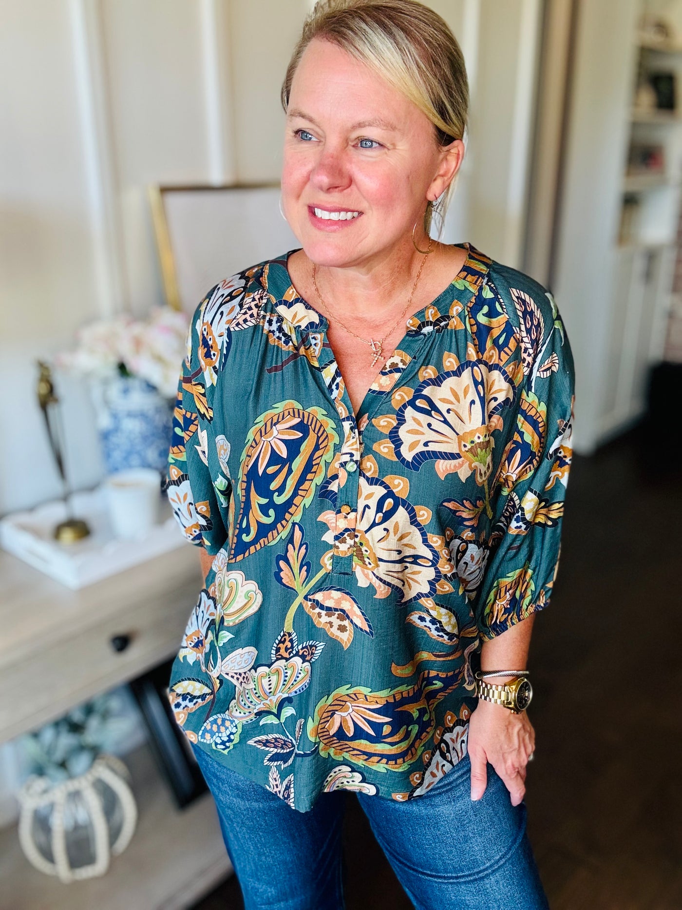 Paisley V-Neck 3/4 Sleeve Top - Teal