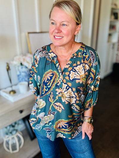 Paisley V-Neck 3/4 Sleeve Top - Teal