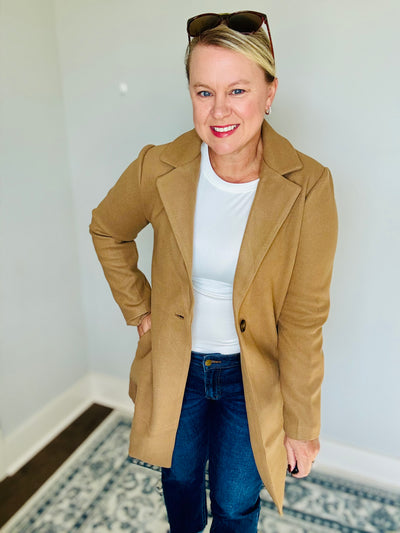 Faux Wool Single Breasted Long Coat - Camel