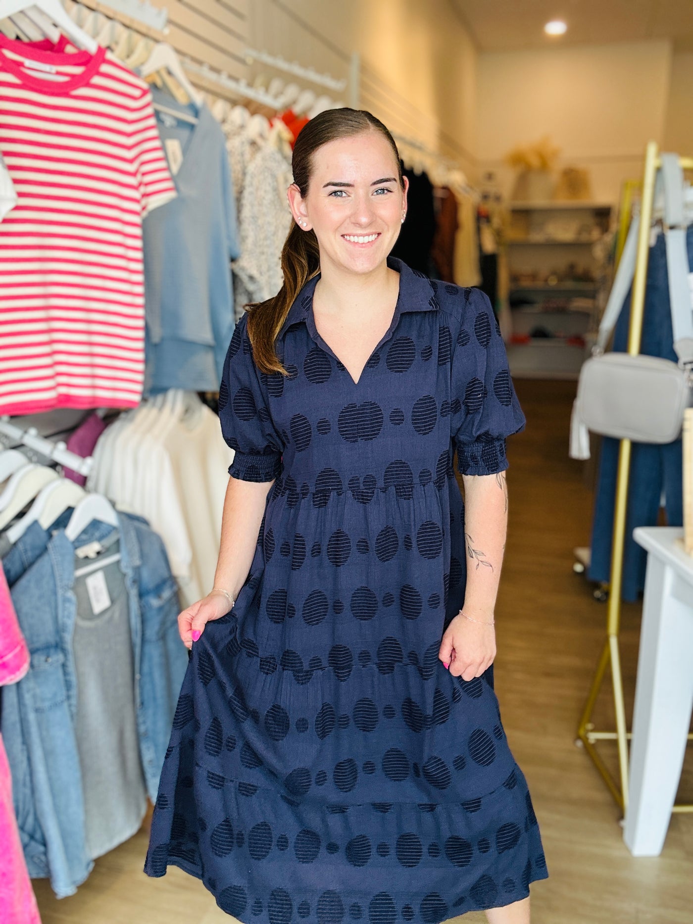 Swiss Dot Tiered Dress - Navy