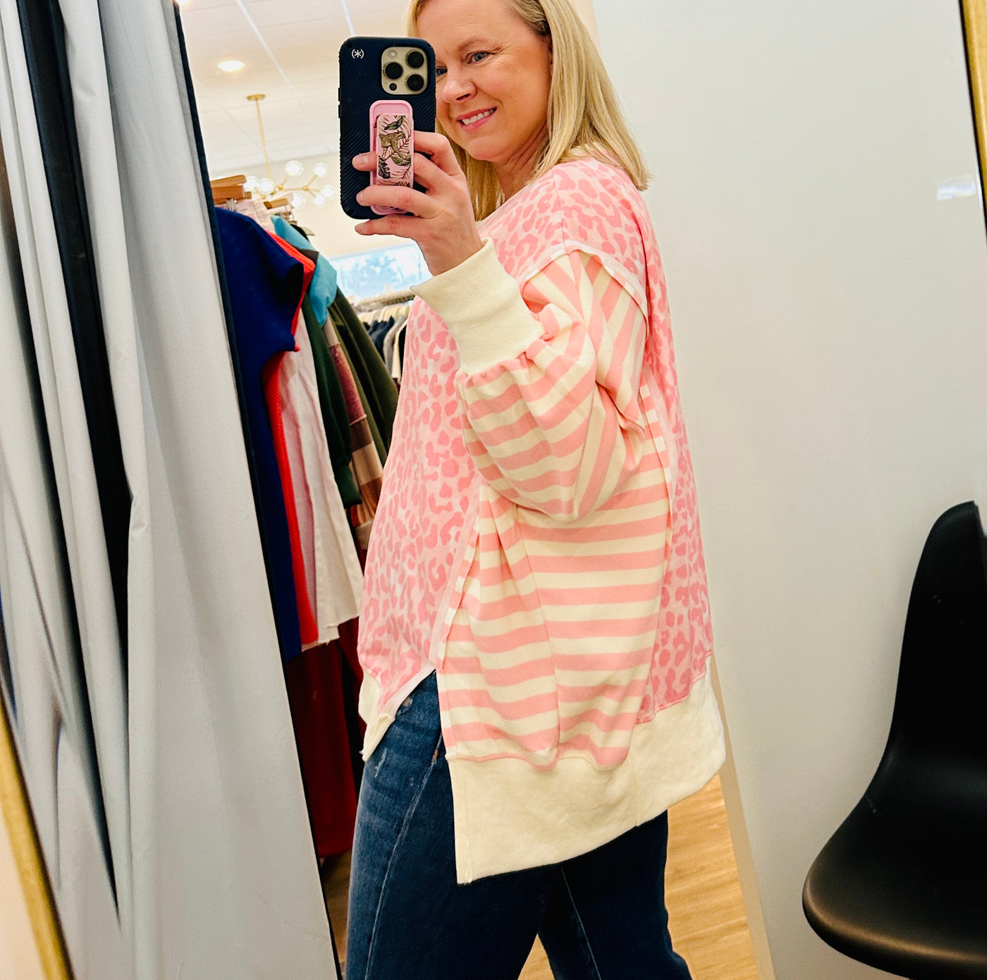 Leopard and Stripe Long Sleeve Top - Blush