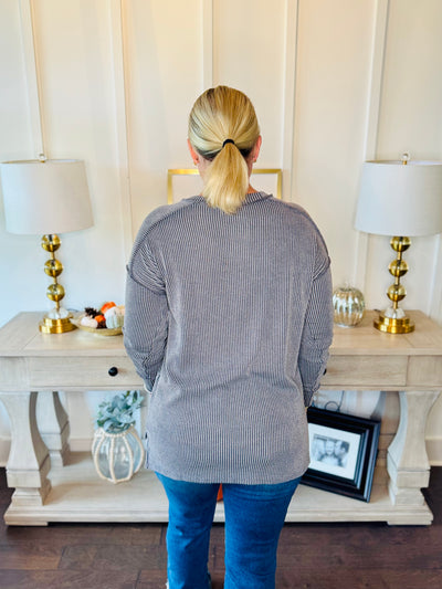 Ribbed Split Side Long Sleeve - Dark Grey