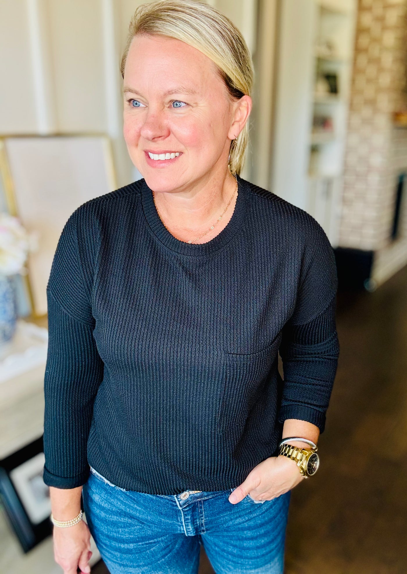 Ribbed Long Sleeve Pocket Top - Black