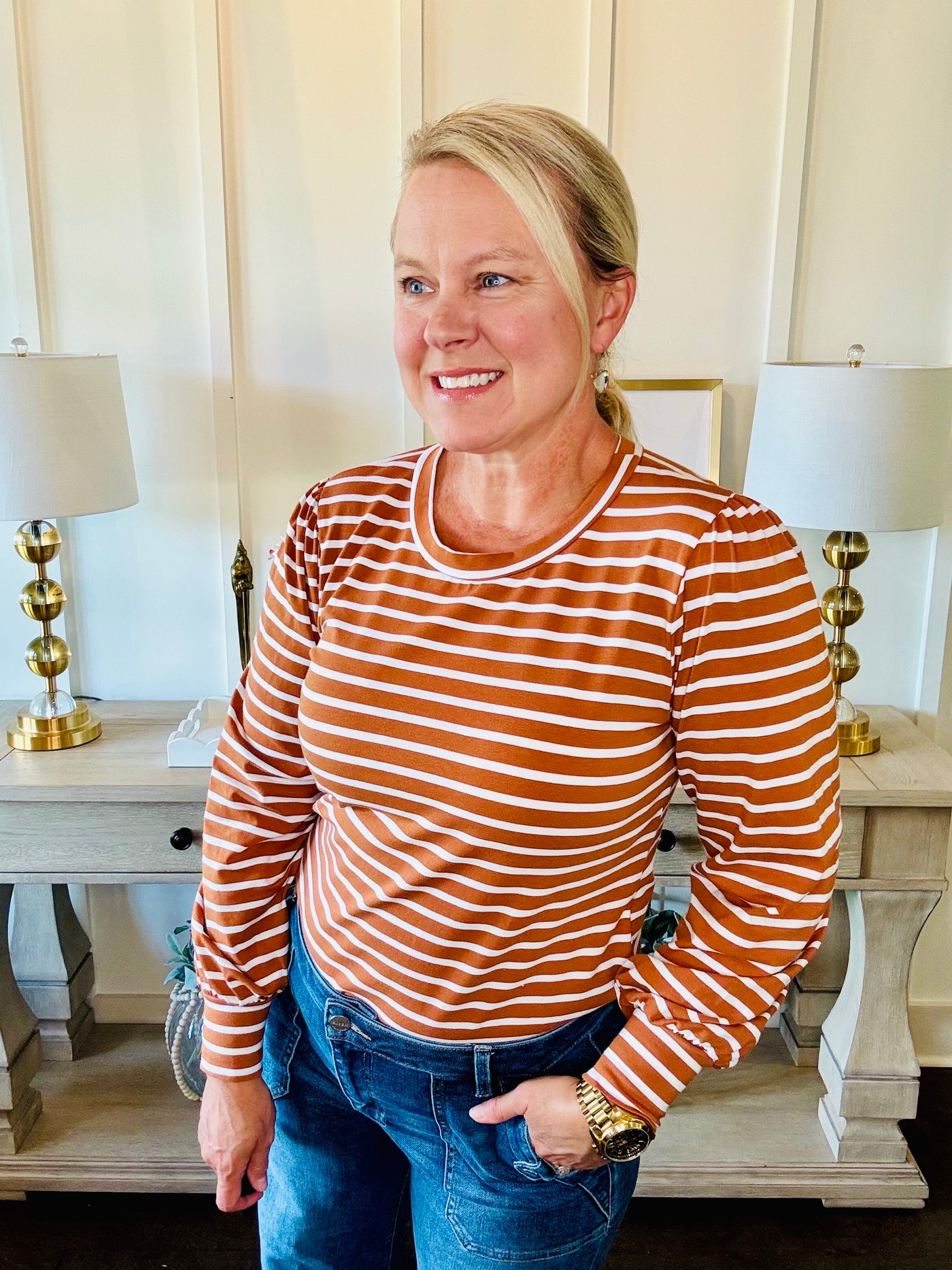 Striped Long Sleeve Top - Adobe White