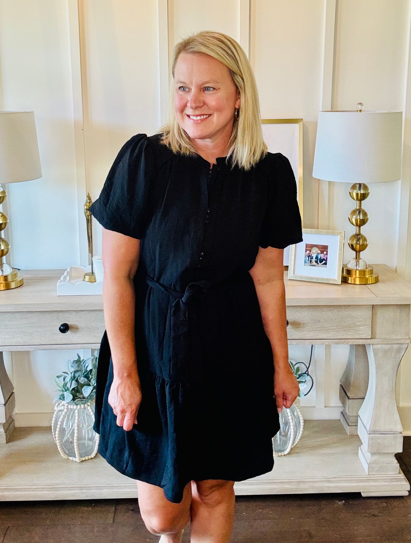 Short Sleeve Gathered Waist Dress - Black