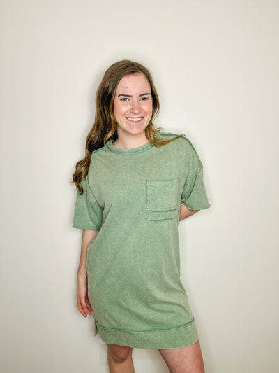 Mineral Washed Shirt Dress - Sage