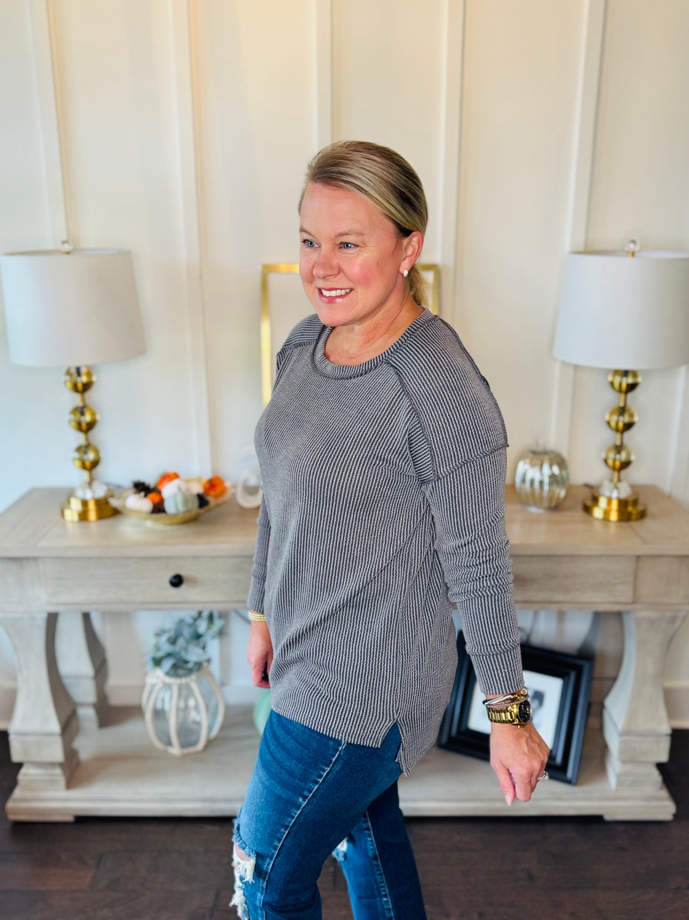 Ribbed Split Side Long Sleeve - Dark Grey