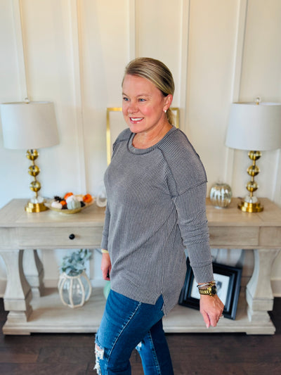 Ribbed Split Side Long Sleeve - Dark Grey