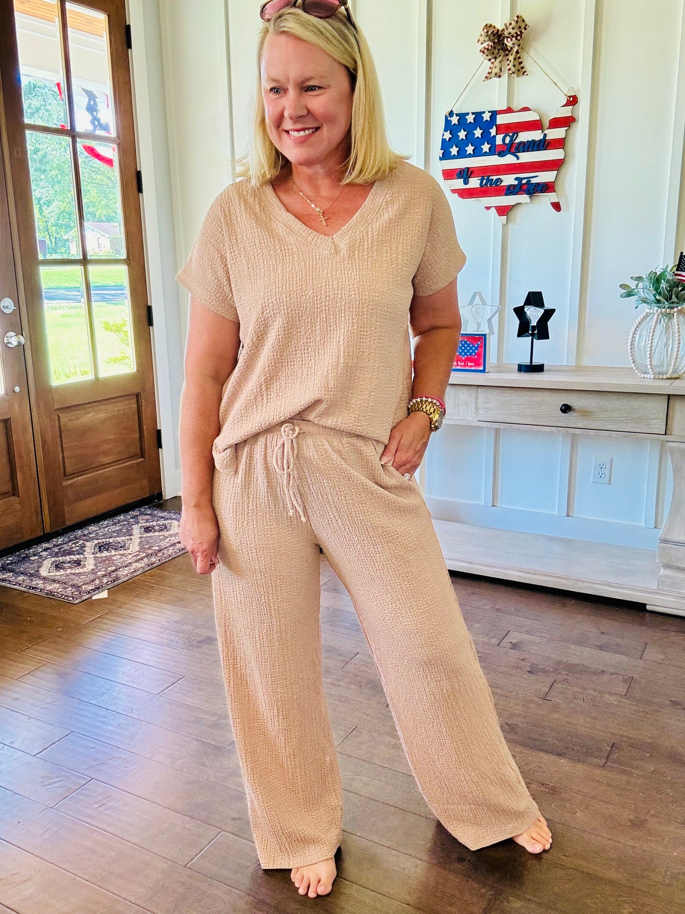 Crinkle Wide Leg Pants - Tan