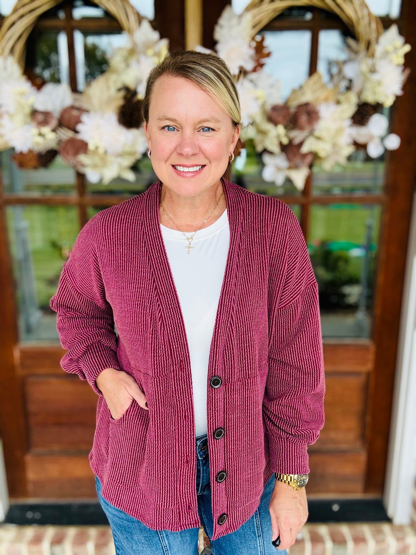 Ribbed Knit Oversized Cardigan - Burgundy