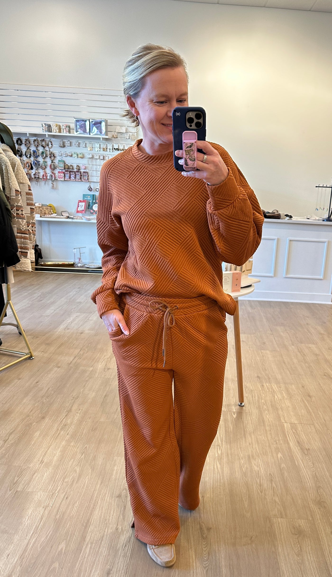 Textured Pullover and Pants Set - Camel