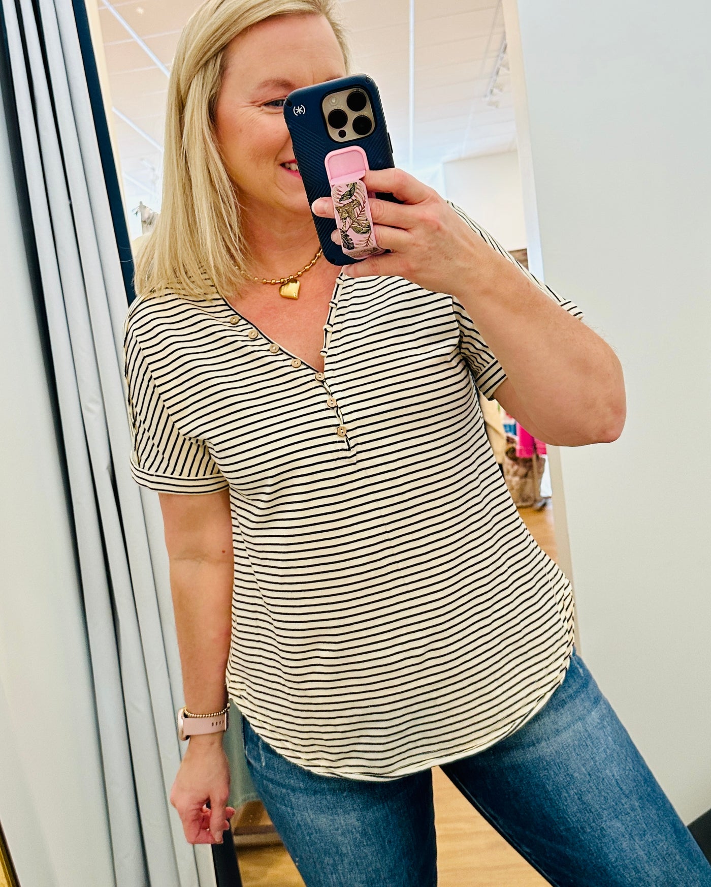 Striped Short Sleeve Button V-Neck