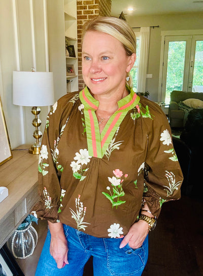 Floral Trim V-Neck Top - Brown