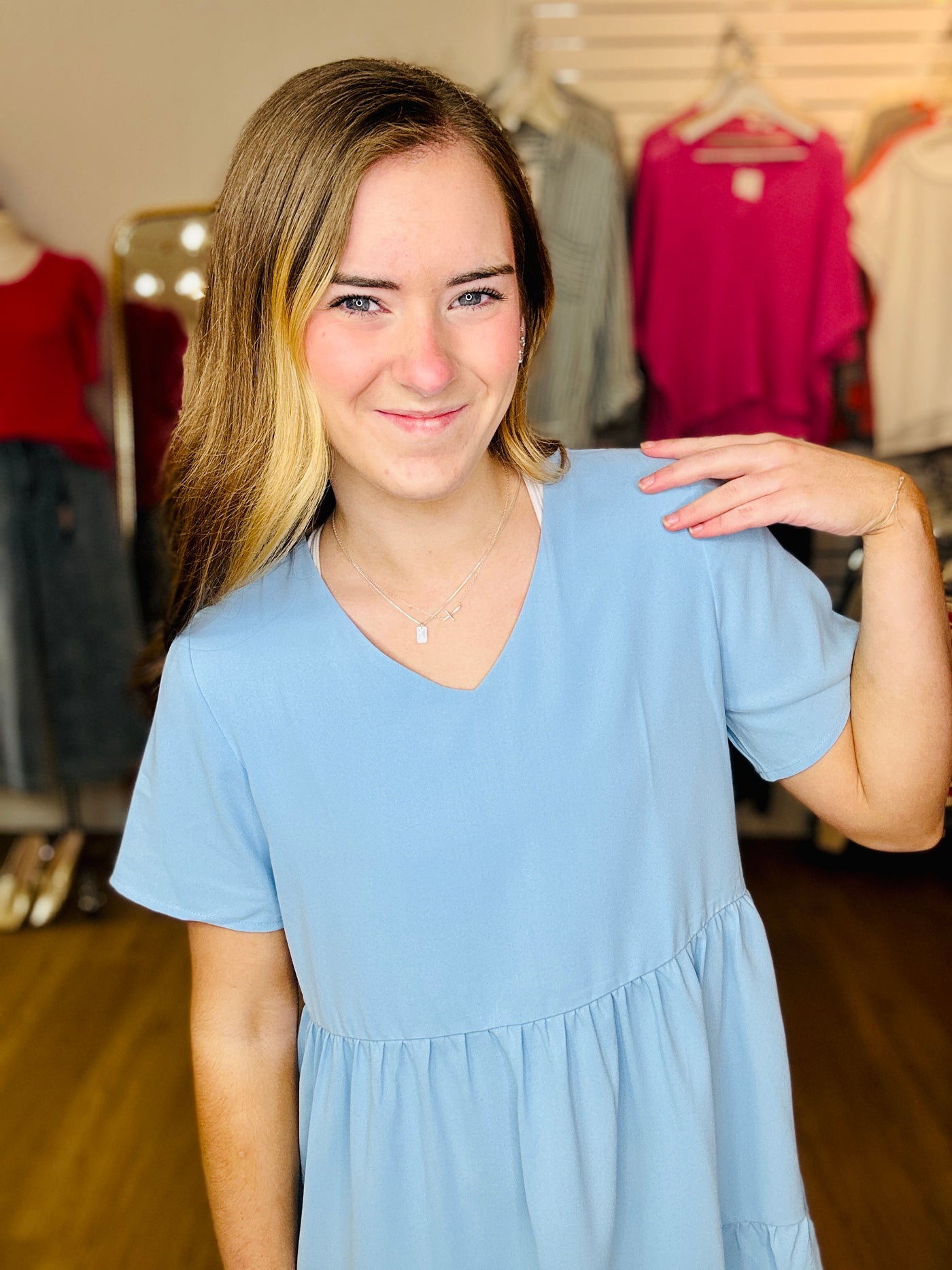 Short Sleeve Tunic Dress - Light Blue