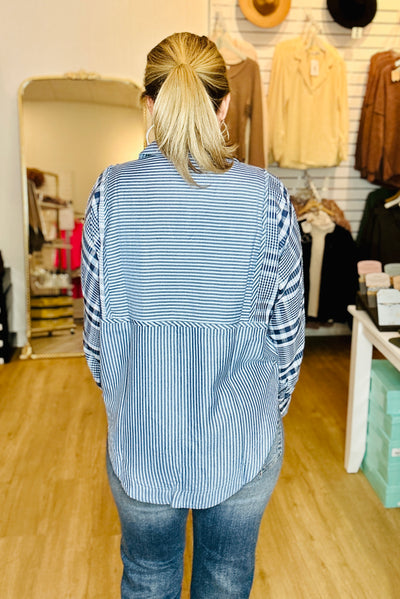 Plaid Striped Oversized Button Down - Blue