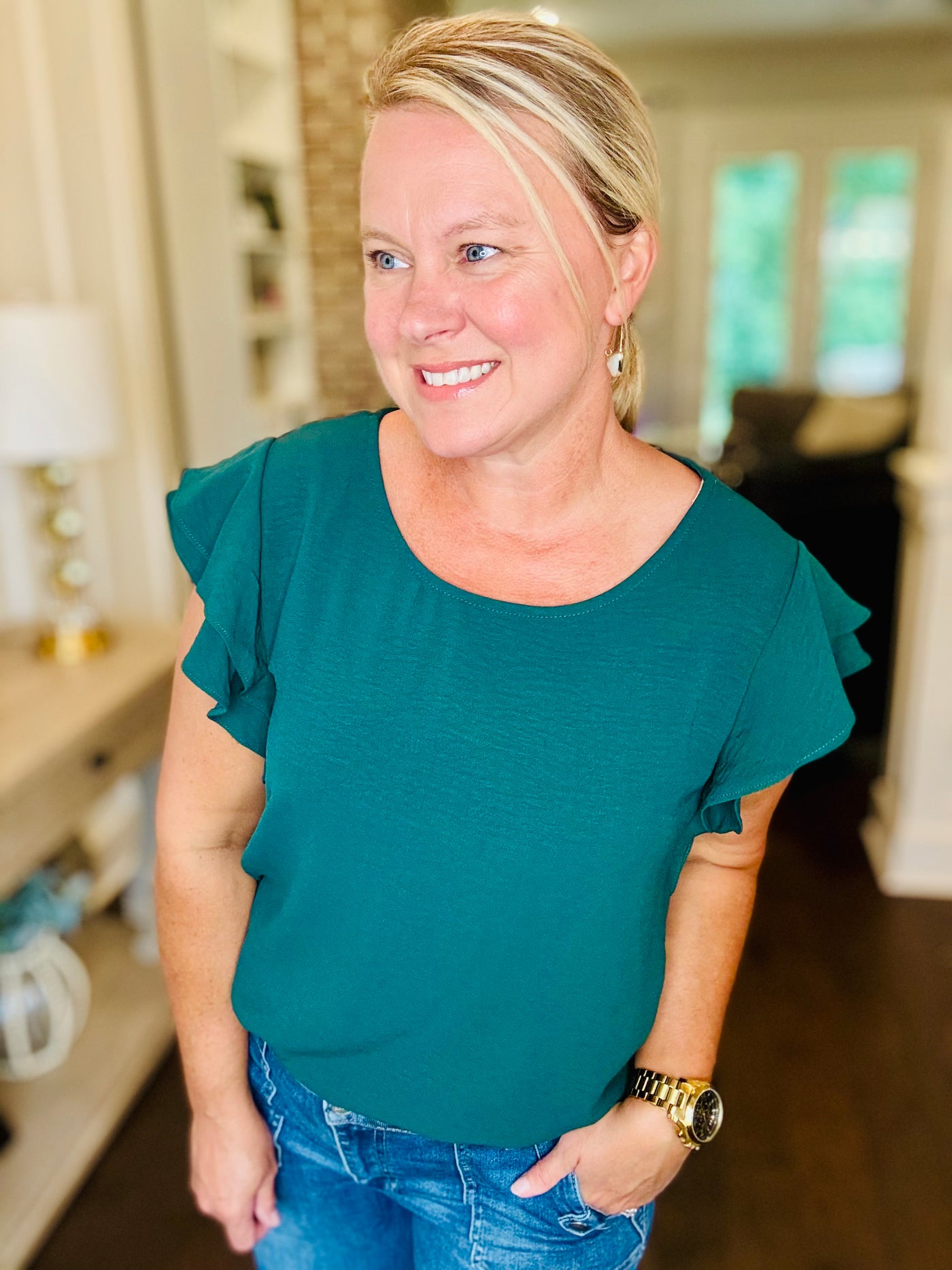 Ruffle Sleeve Top - Hunter Green