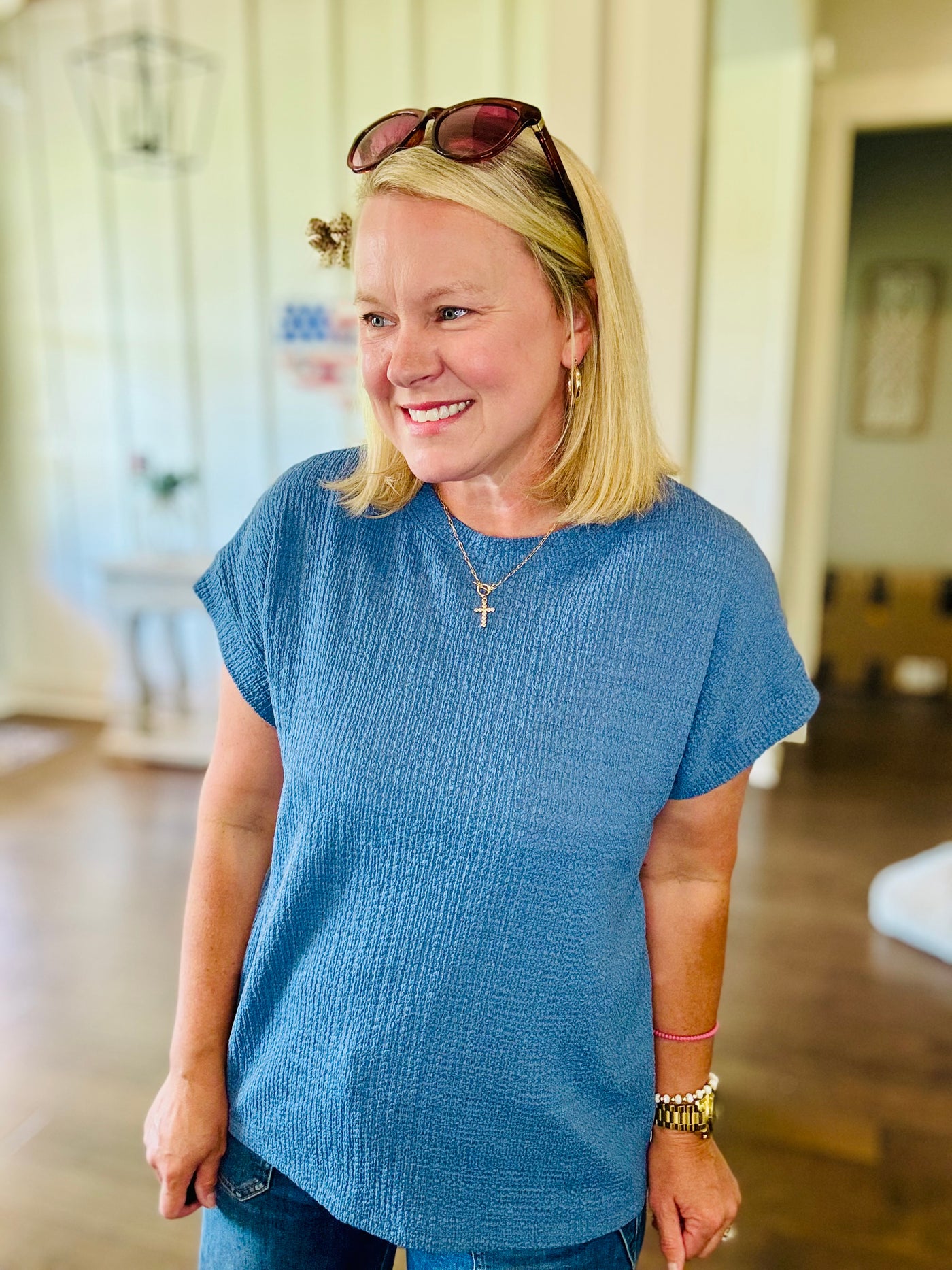 Round Neck Crinkle Short Sleeve - Denim Blue