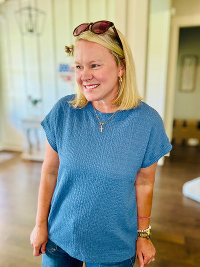 Round Neck Crinkle Short Sleeve - Denim Blue