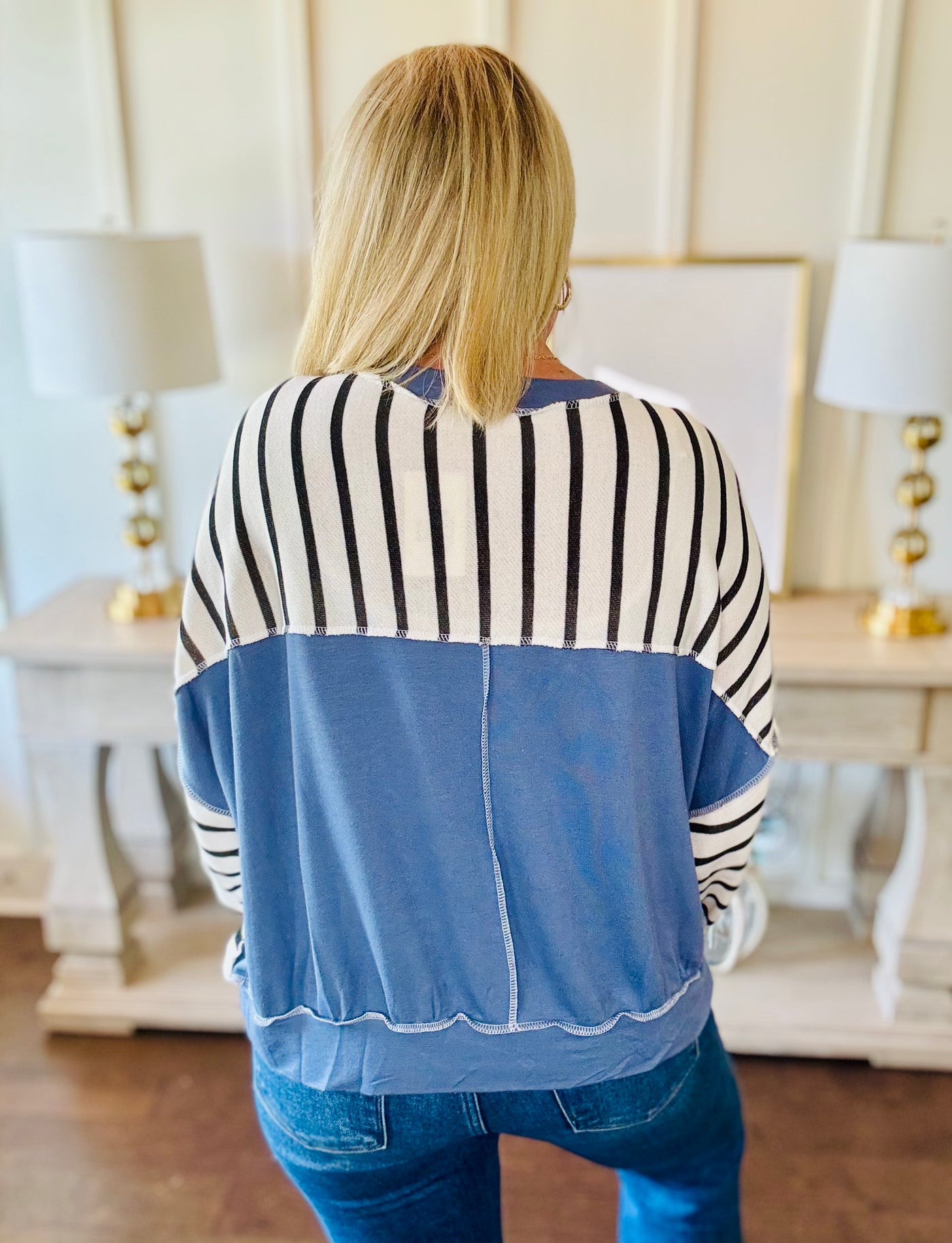 Oversized Striped Crewneck - Denim