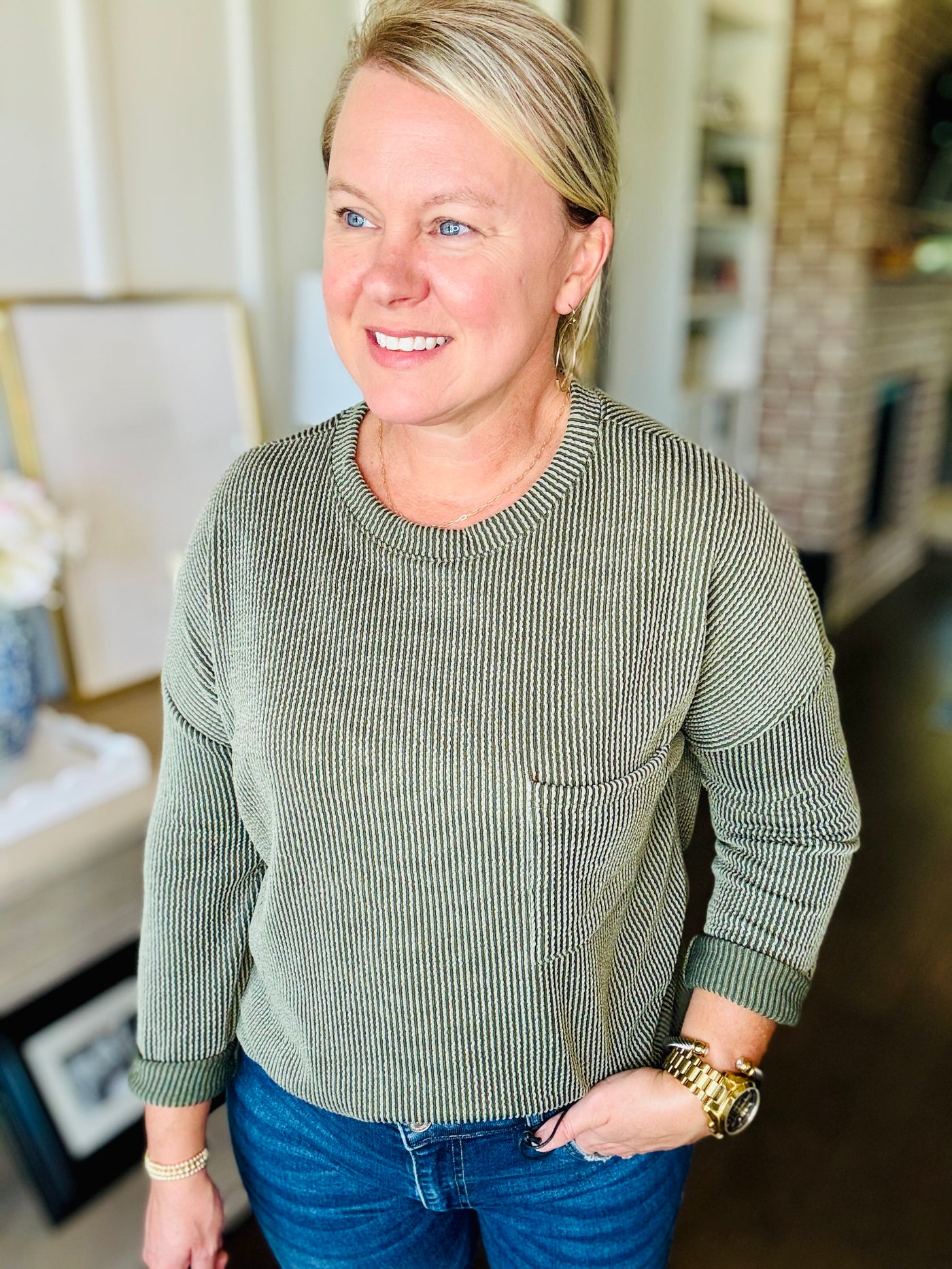 Ribbed Long Sleeve Pocket Top - Olive