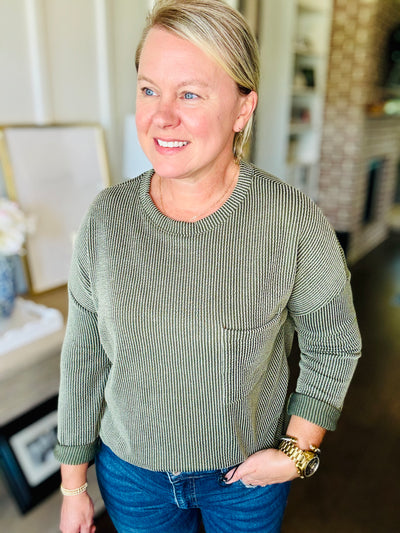 Ribbed Long Sleeve Pocket Top - Olive