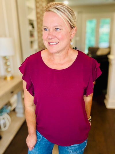 Ruffle Sleeve Top - Burgundy