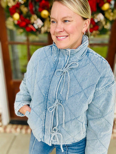 Quilted Denim Bow Tie Front Jacket