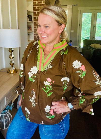 Floral Trim V-Neck Top - Brown