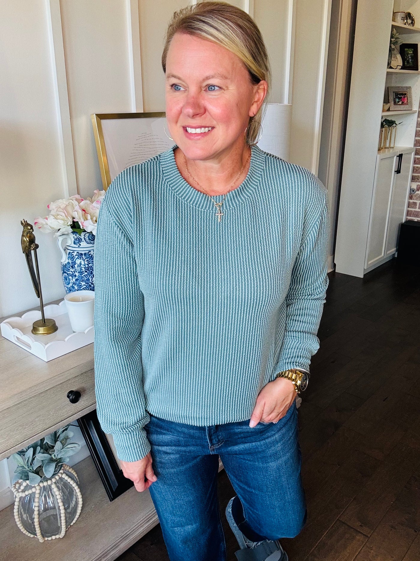 Ribbed Round Hem Long Sleeve - Jade