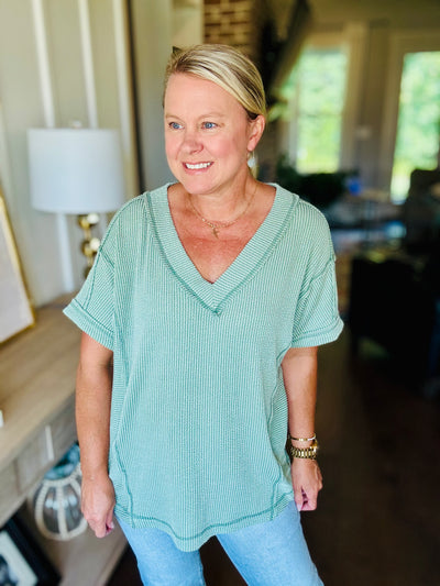 Ribbed V-Neck Short Sleeve - Sage