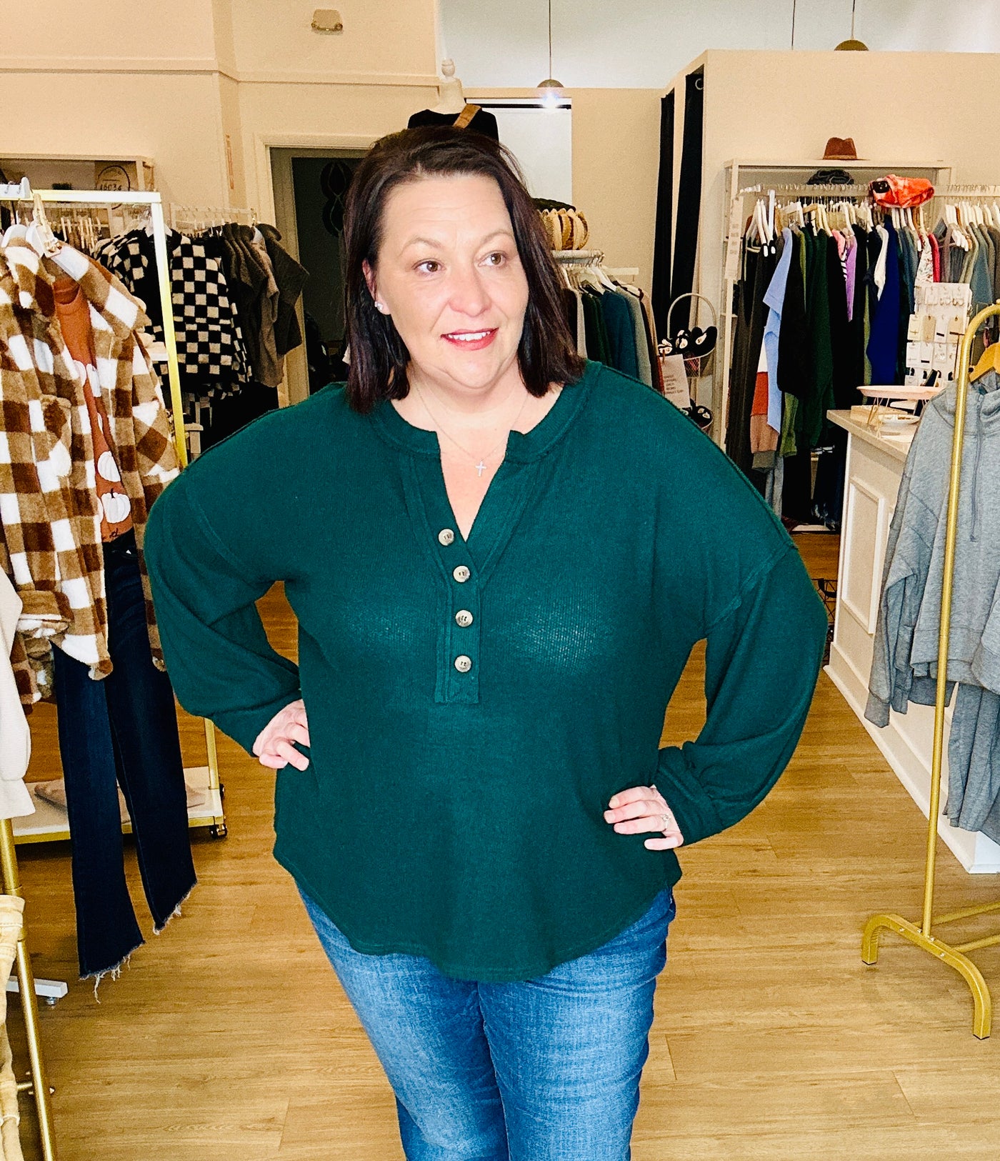 V-Neck Half Button Long Sleeve - Hunter Green