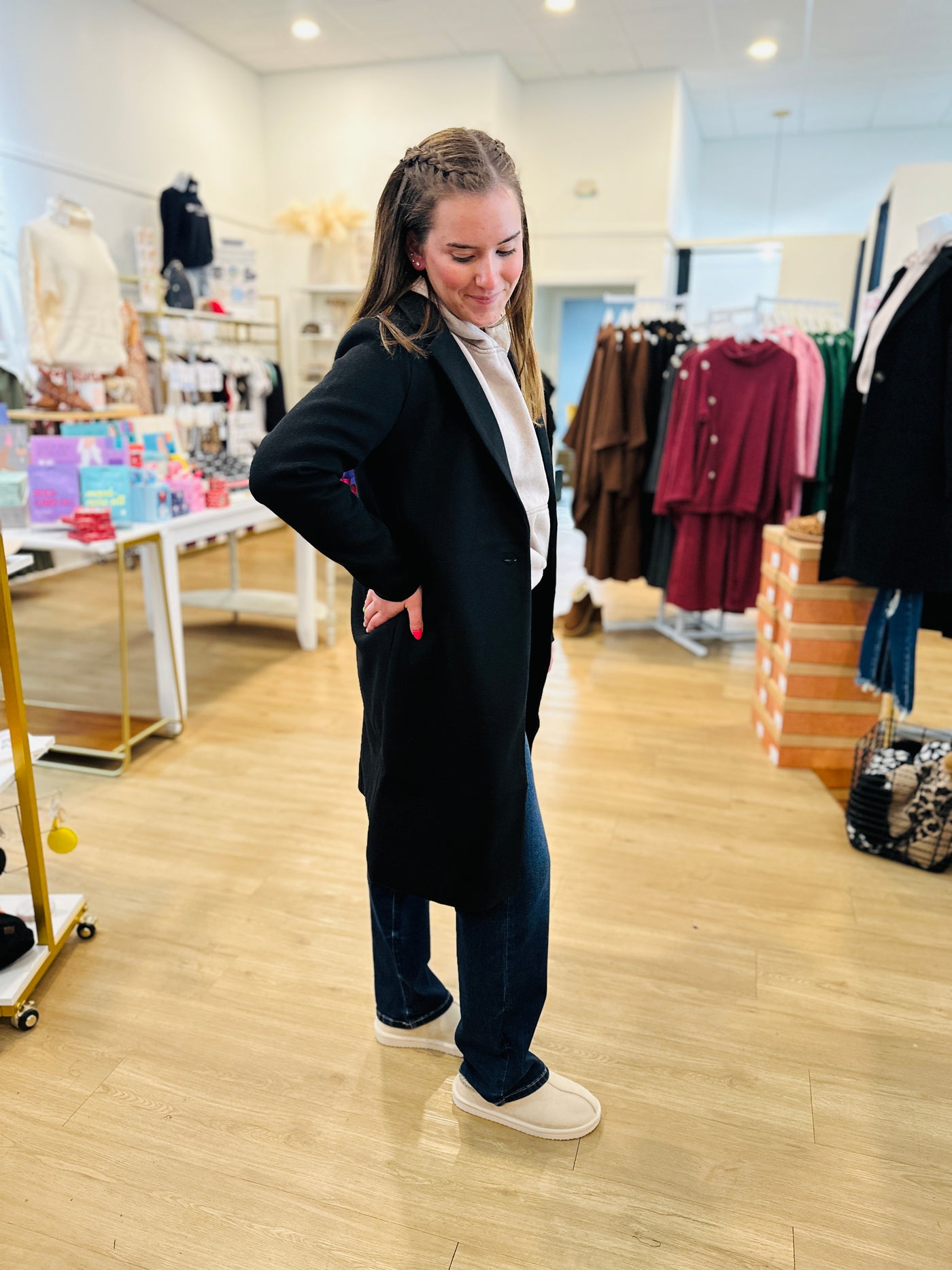 Faux Wool Single Breasted Long Coat - Black