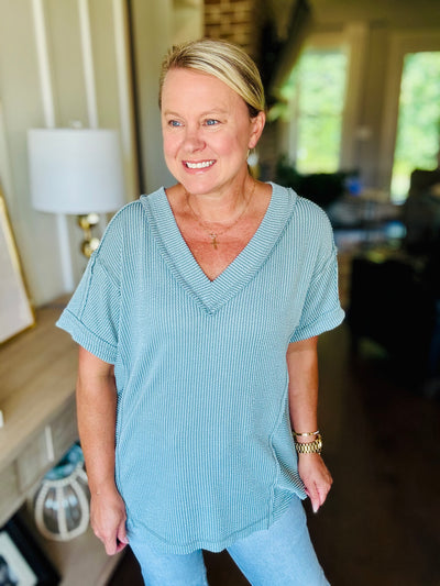 Ribbed V-Neck Short Sleeve - Blue