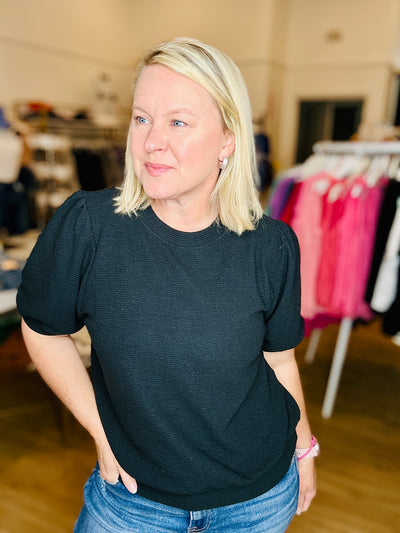 Cloudy Knit Puffy Short Sleeve Top - Black