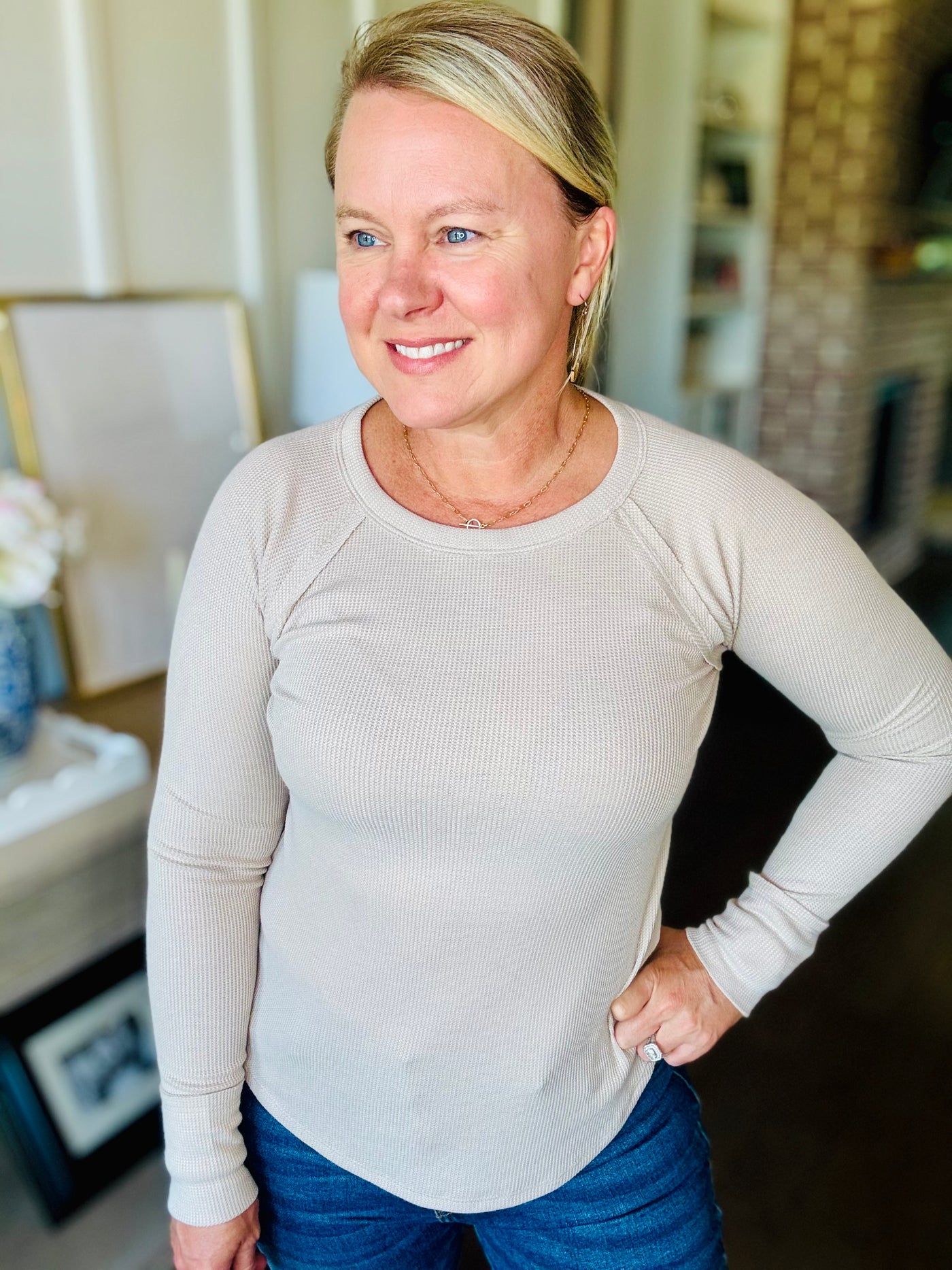 Baby Waffle Long Sleeve Top - Light Mocha