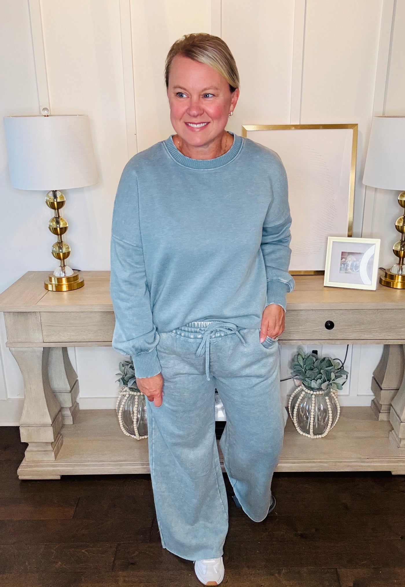Acid Washed Wide Leg Pants - Ash Blue