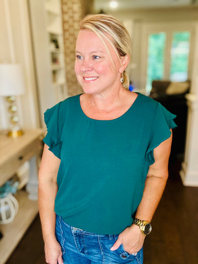 Ruffle Sleeve Top - Hunter Green