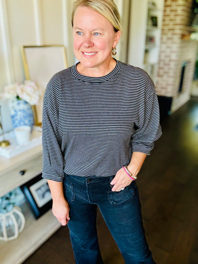 Striped 3/4 Sleeve Top - Black