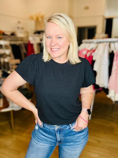 Round Neck Crinkle Flutter Sleeve - Black