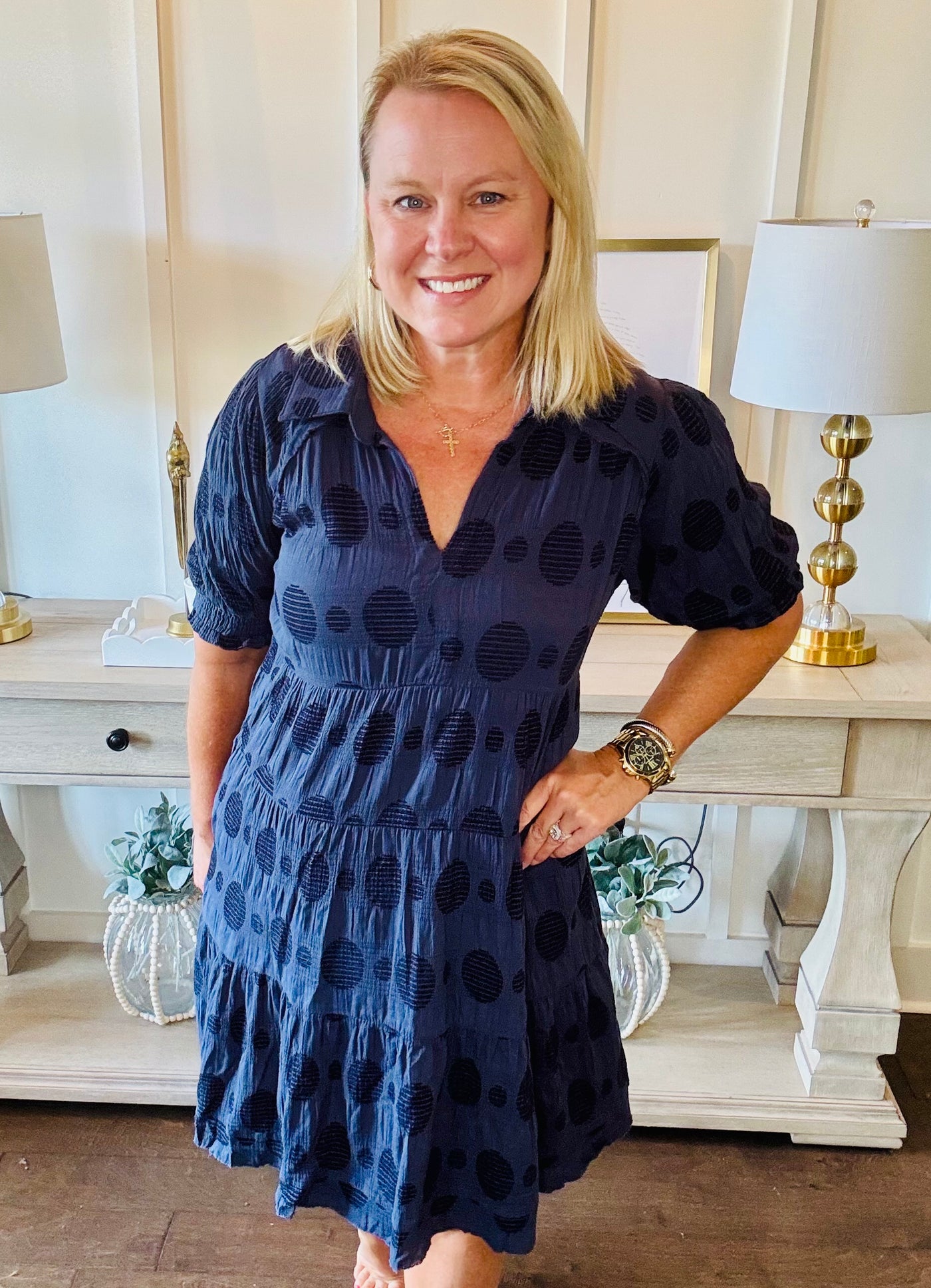 Swiss Dot Tiered Mini Dress - Navy