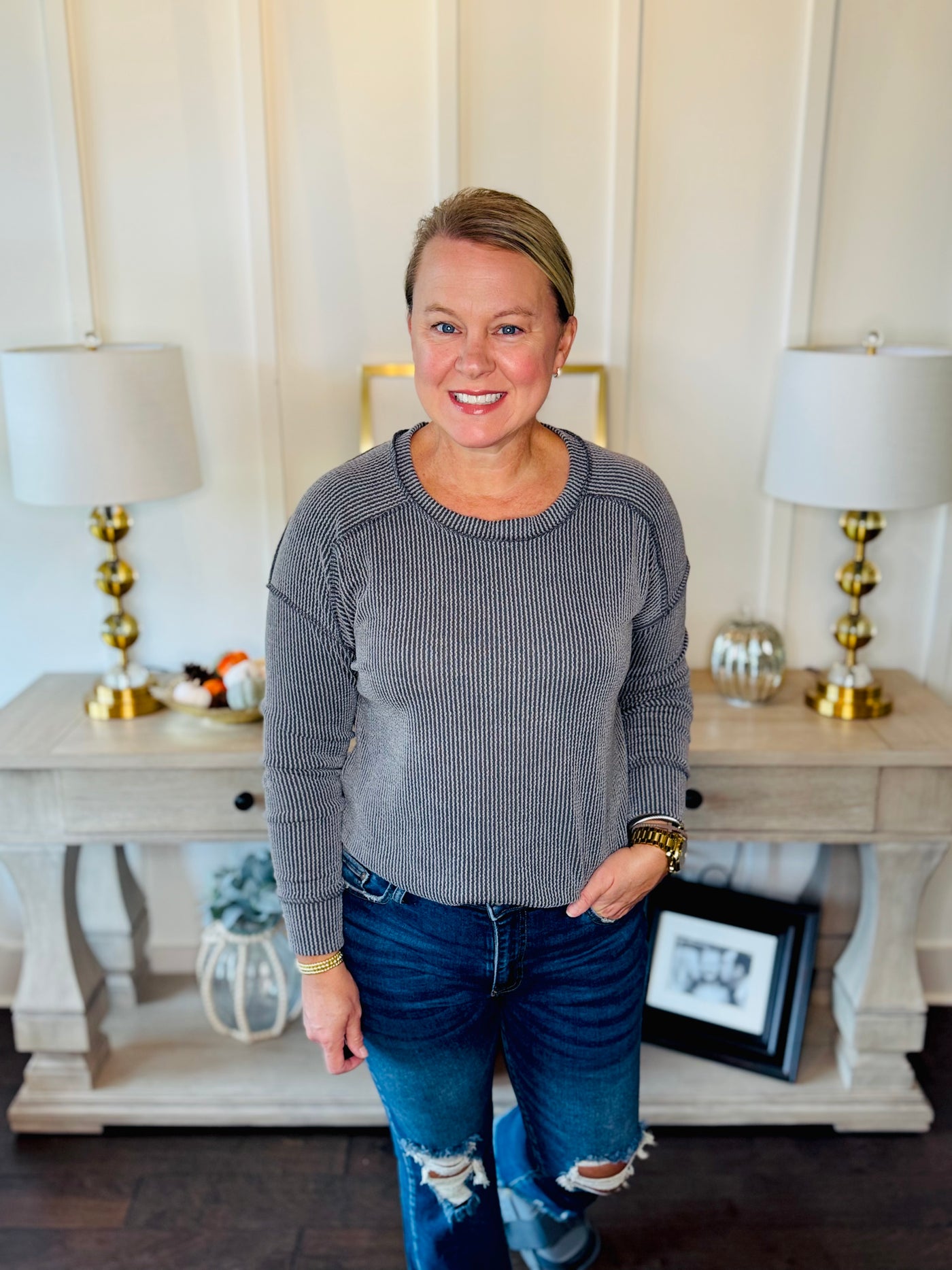 Ribbed Split Side Long Sleeve - Dark Grey