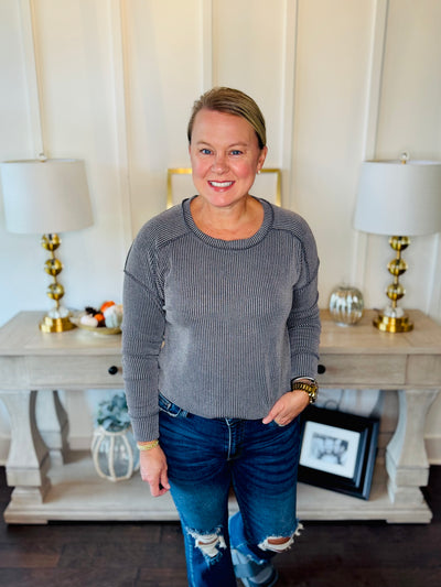 Ribbed Split Side Long Sleeve - Dark Grey